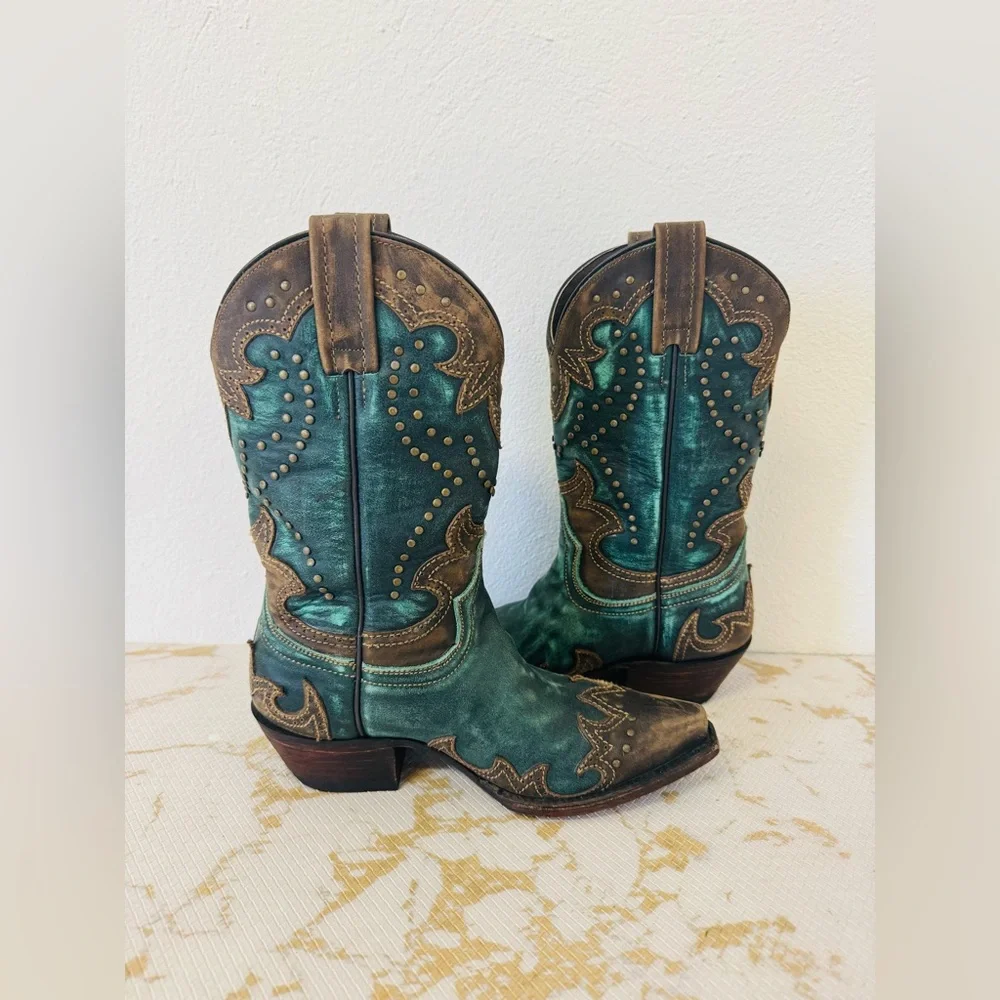 COBARCA Women’s Turquoise & Brown Leather Brass Studded Boots MX 23 - Picture 6 of 10